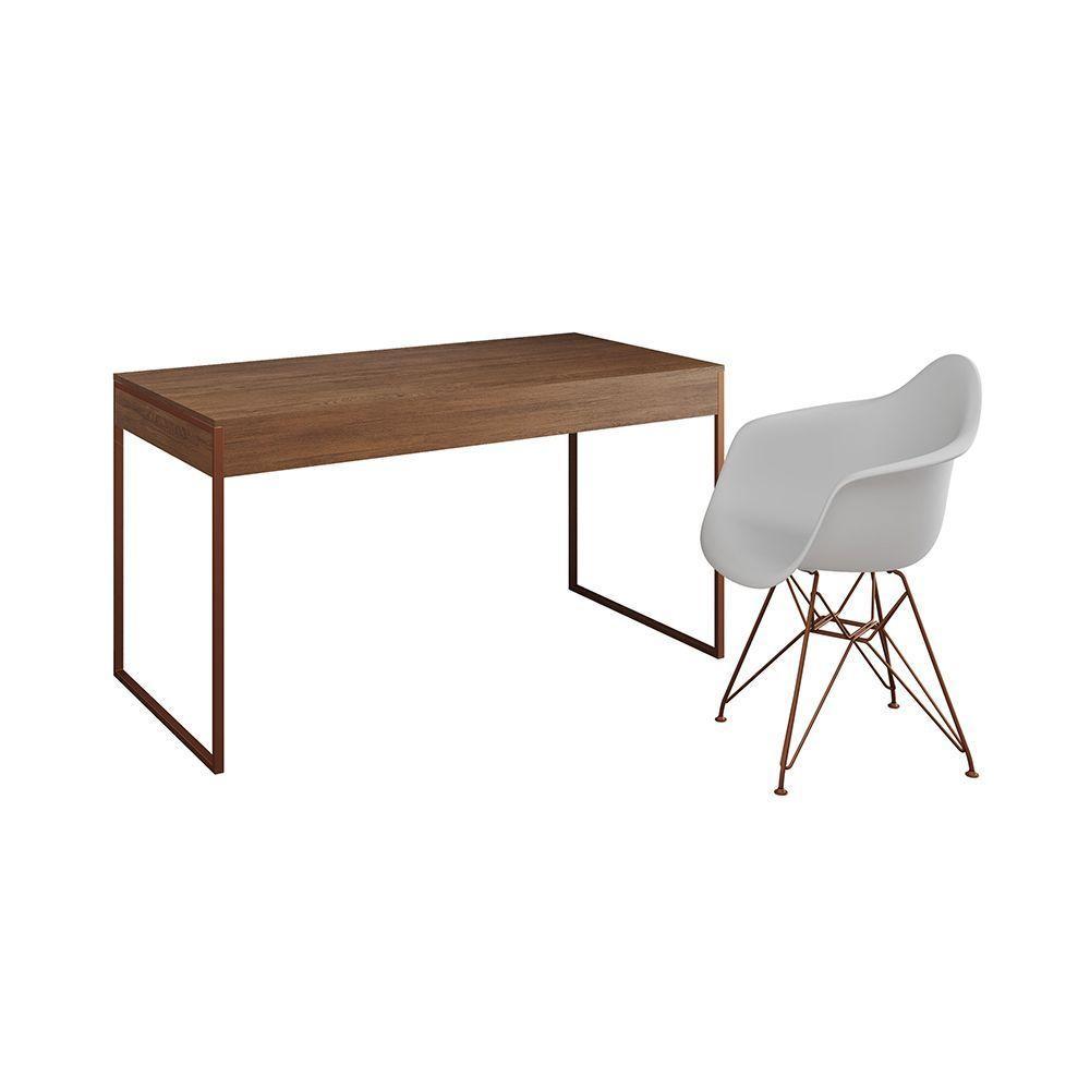 Escrivaninha Industrial Office Estudo Malta Amêndoa 137X53Cm Com 1 Poltrona Branca Base Cor: Amendoa - 6