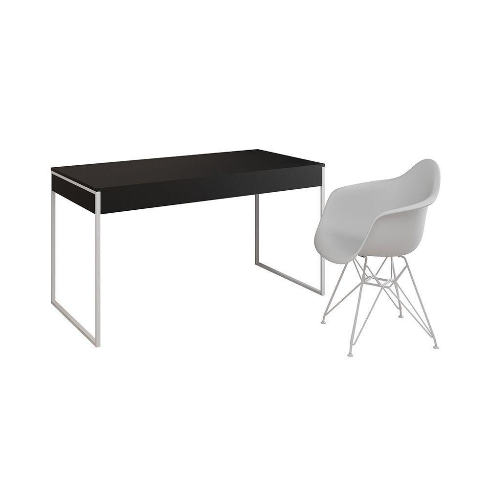 Escrivaninha Industrial Office Estudo Malta Preta 137X53Cm Com 1 Poltrona Branca Base F Cor: Preto - 6
