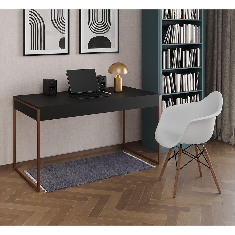 Escrivaninha Home Office Estilo Industrial Preta 137X53Cm Base Cobre Com 1 Poltrona Branca Preto - 1