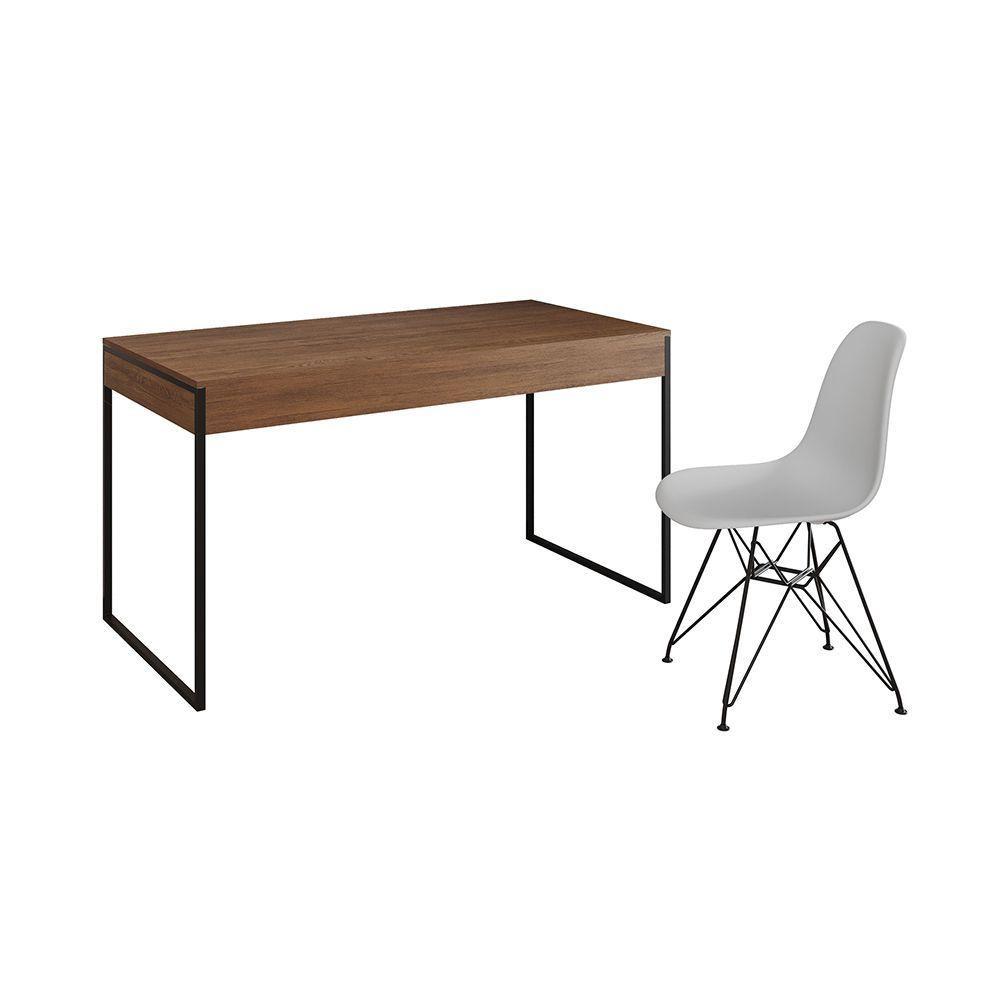 Escrivaninha Industrial Escritório Malta Amêndoa 137X53Cm Com 1 Cadeira Branca Base Fer Cor: Amendoa - 6