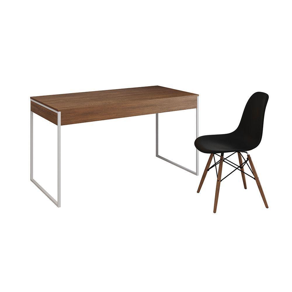 Mesa De Escritório Industrial Amêndoa 137X53Cm Base Ferro Branco Com 1 Cadeira Preta - 6
