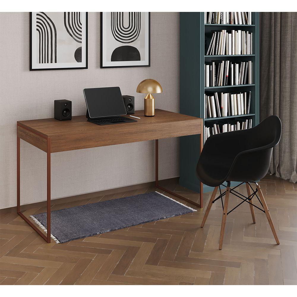Escrivaninha Home Office Estilo Industrial Amêndoa 137X53Cm Base Cobre Com 1 Poltrona Preta - 1