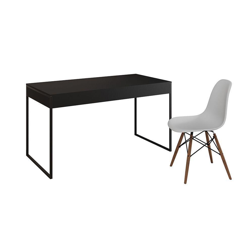 Mesa De Escritório Industrial Preta 137X53Cm Base Ferro Preto Com 1 Cadeira Brancae Cor: Preto - 6
