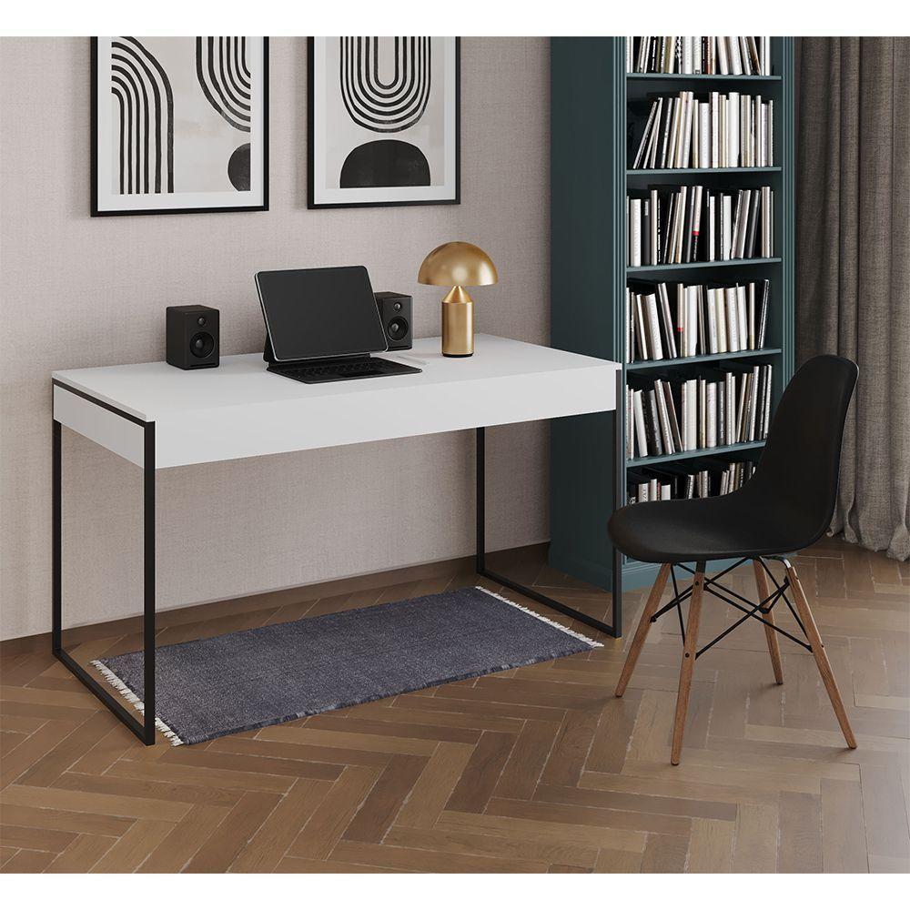 Mesa De Escritório Industrial Branca 137X53Cm Base Ferro Preto Com 1 Cadeira Pretae - 1