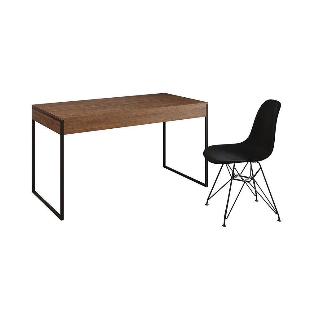 Escrivaninha Industrial Escritório Malta Amêndoa 137X53Cm Com 1 Cadeira Preta Base Ferr Cor: Amendoa - 5