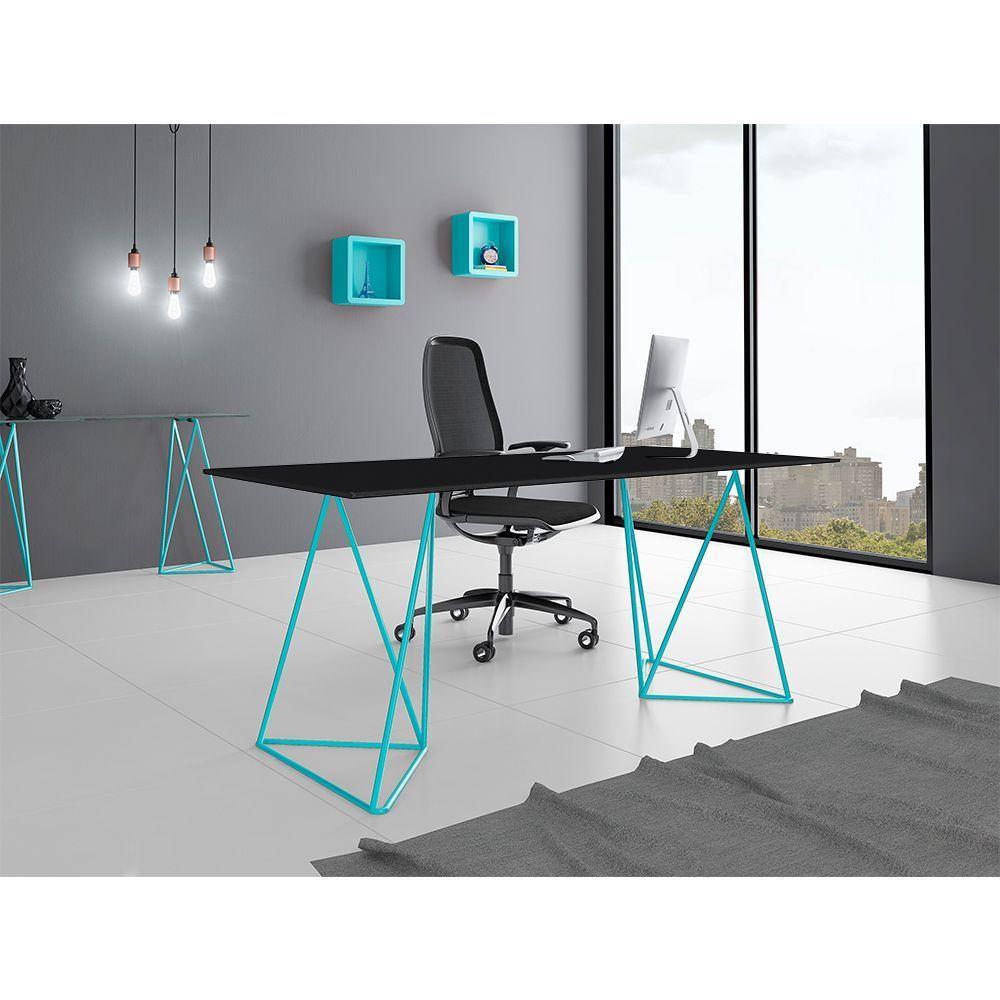 Escrivaninha Bela Vista Cavalete Tampo Preto Base Ferro Azul Turquesa - Preto - 1