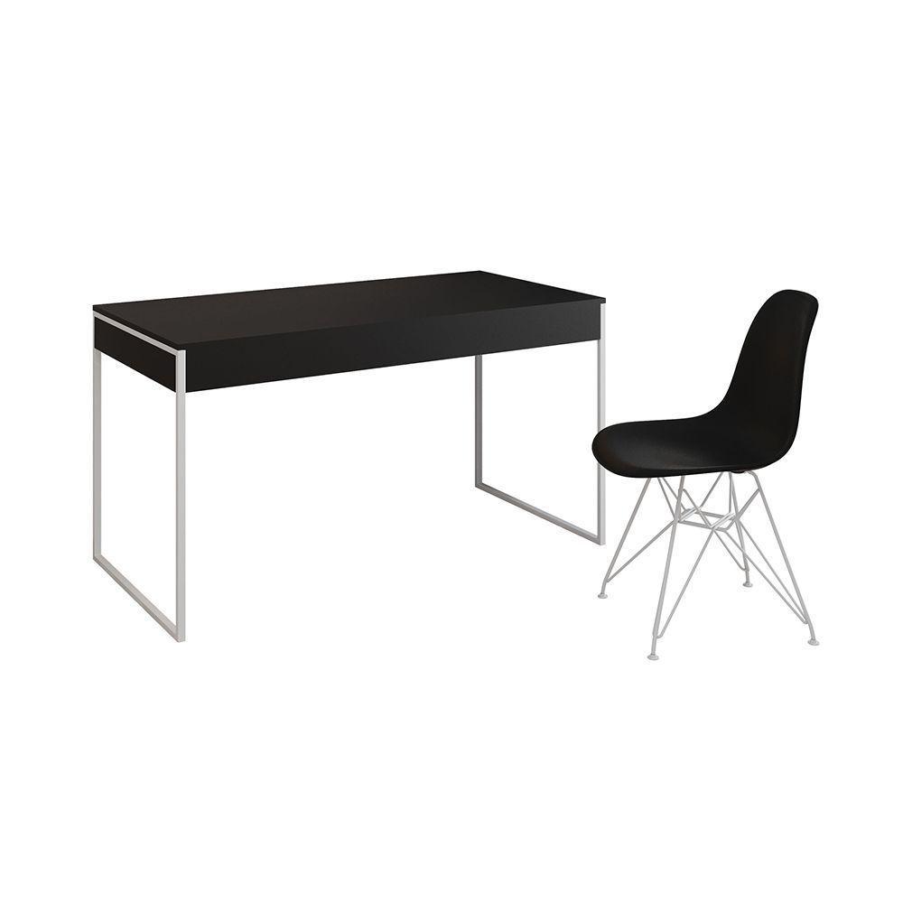 Escrivaninha Industrial Escritório Malta Preta 137X53Cm Com 1 Cadeira Preta Base Ferro Cor: Preto - 6