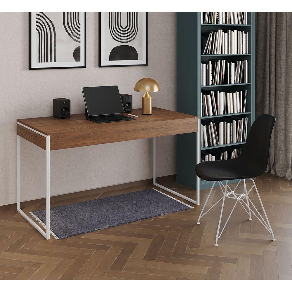Escrivaninha Industrial Escritório Malta Amêndoa 137X53Cm Com 1 Cadeira Preta Base Ferr Cor: Amendoa - 1