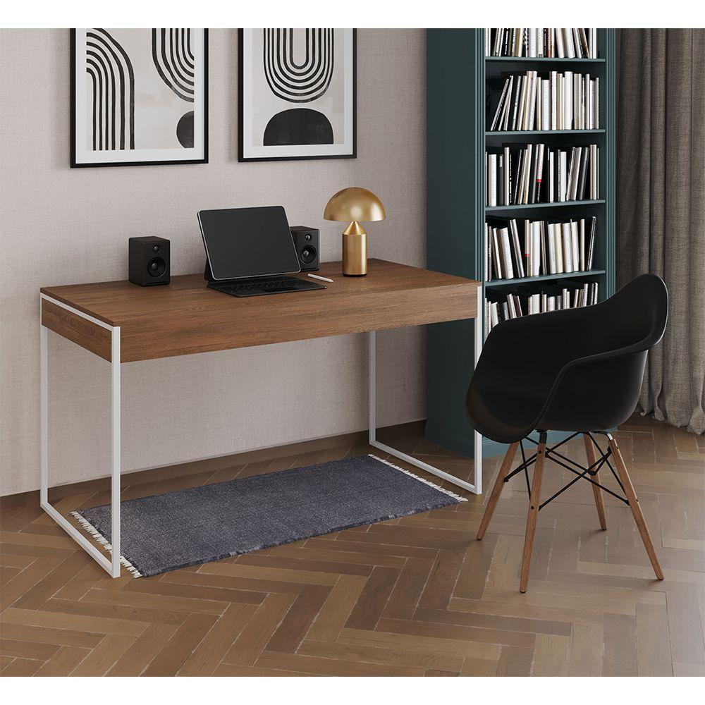 Escrivaninha Home Office Estilo Industrial Amêndoa 137X53Cm Ferro Branco Com 1 Poltrona Preta - 1
