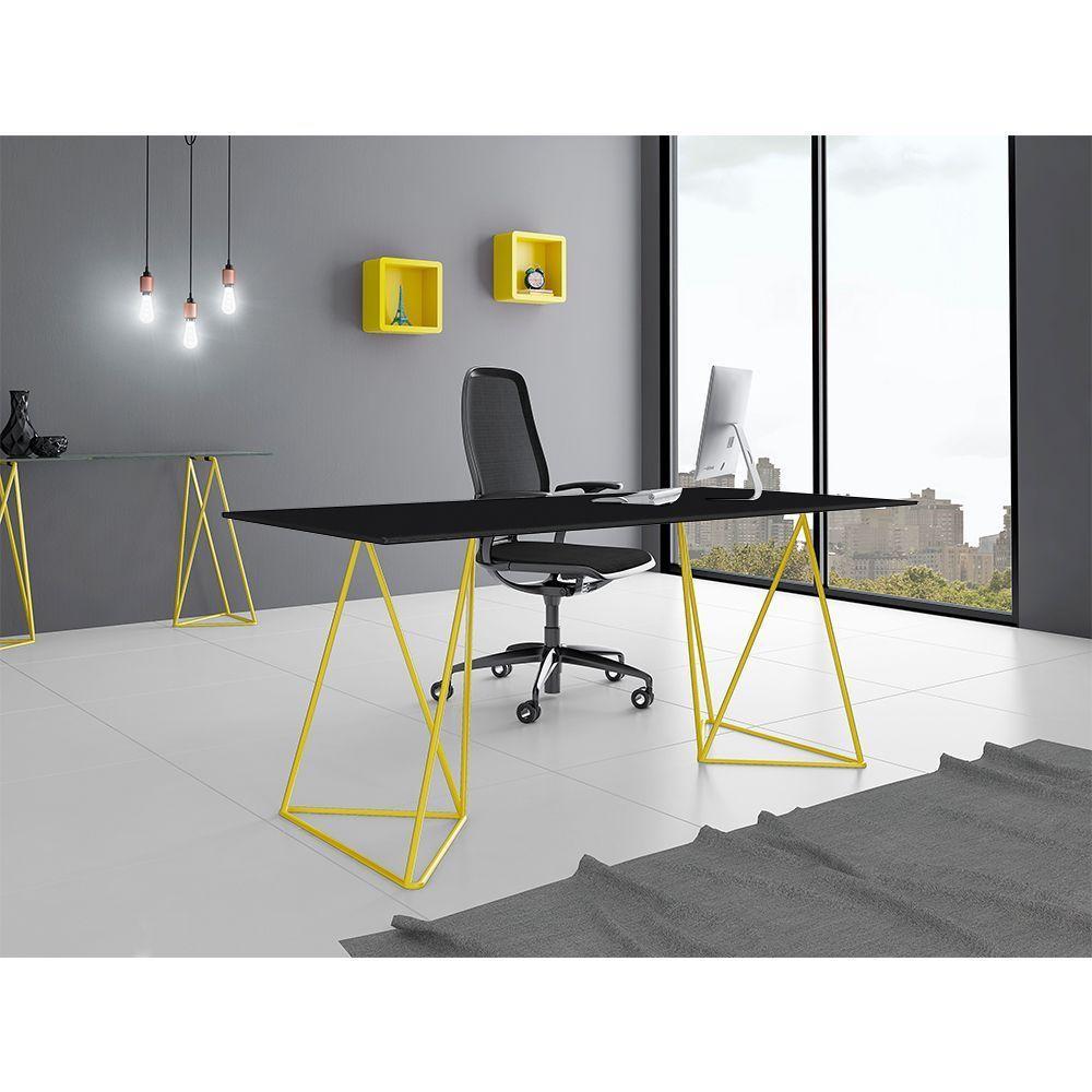 Escrivaninha Bela Vista Cavalete Tampo Preto Base Ferro Amarelo - Preto - 1