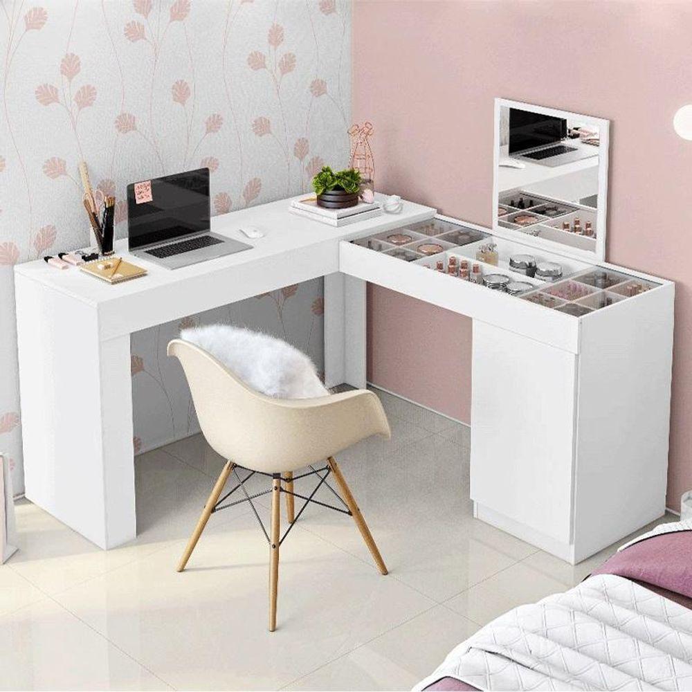 Escrivaninha Canto Penteadeira Star Com Vidros De Correr Branco Fosco Branco Fosco - 3