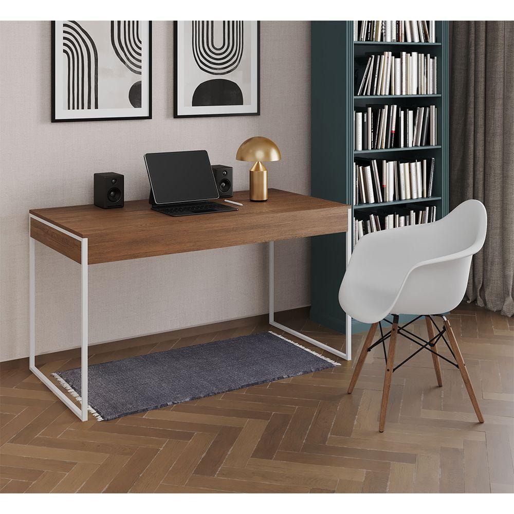Escrivaninha Home Office Estilo Industrial Amêndoa 137X53Cm Ferro Branco Com 1 Poltrona Branca - 1