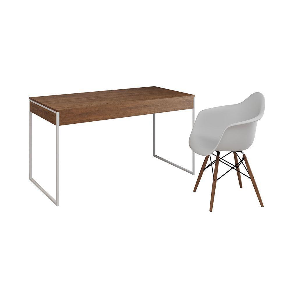 Escrivaninha Home Office Estilo Industrial Amêndoa 137X53Cm Ferro Branco Com 1 Poltrona Branca - 6