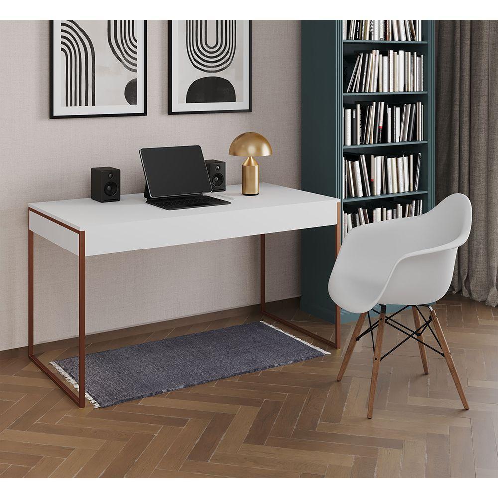 Escrivaninha Home Office Estilo Industrial Branca 137X53Cm Base Cobre Com 1 Poltrona Branca - 1