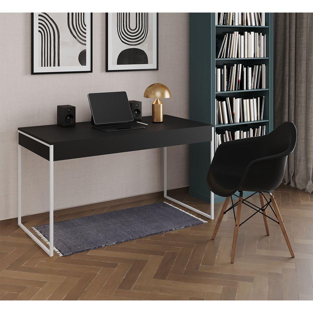 Escrivaninha Home Office Estilo Industrial Preta 137X53Cm Ferro Branco Com 1 Poltrona Preta - 1