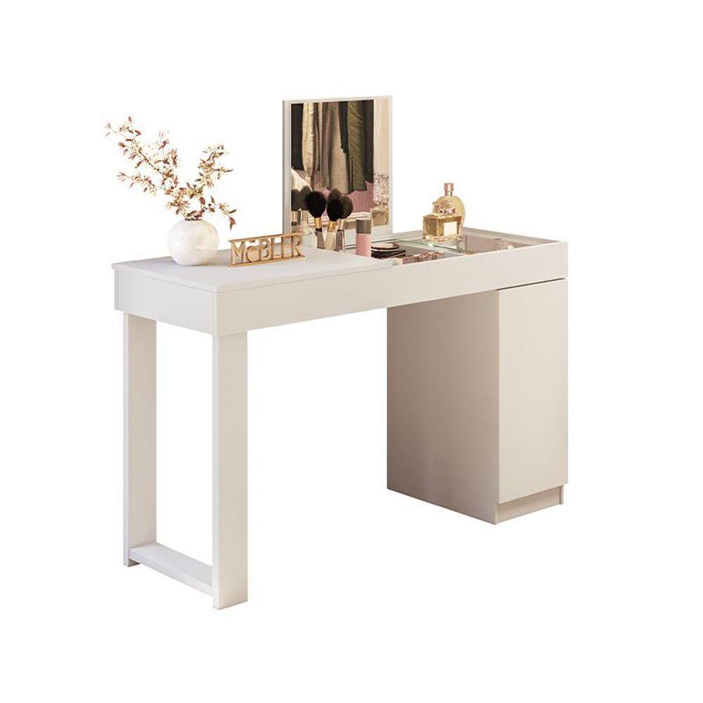 Escrivaninha Penteadeira Love Com 1 Porta E Tampo De Vidro Branco Fosco Branco Fosco - 1