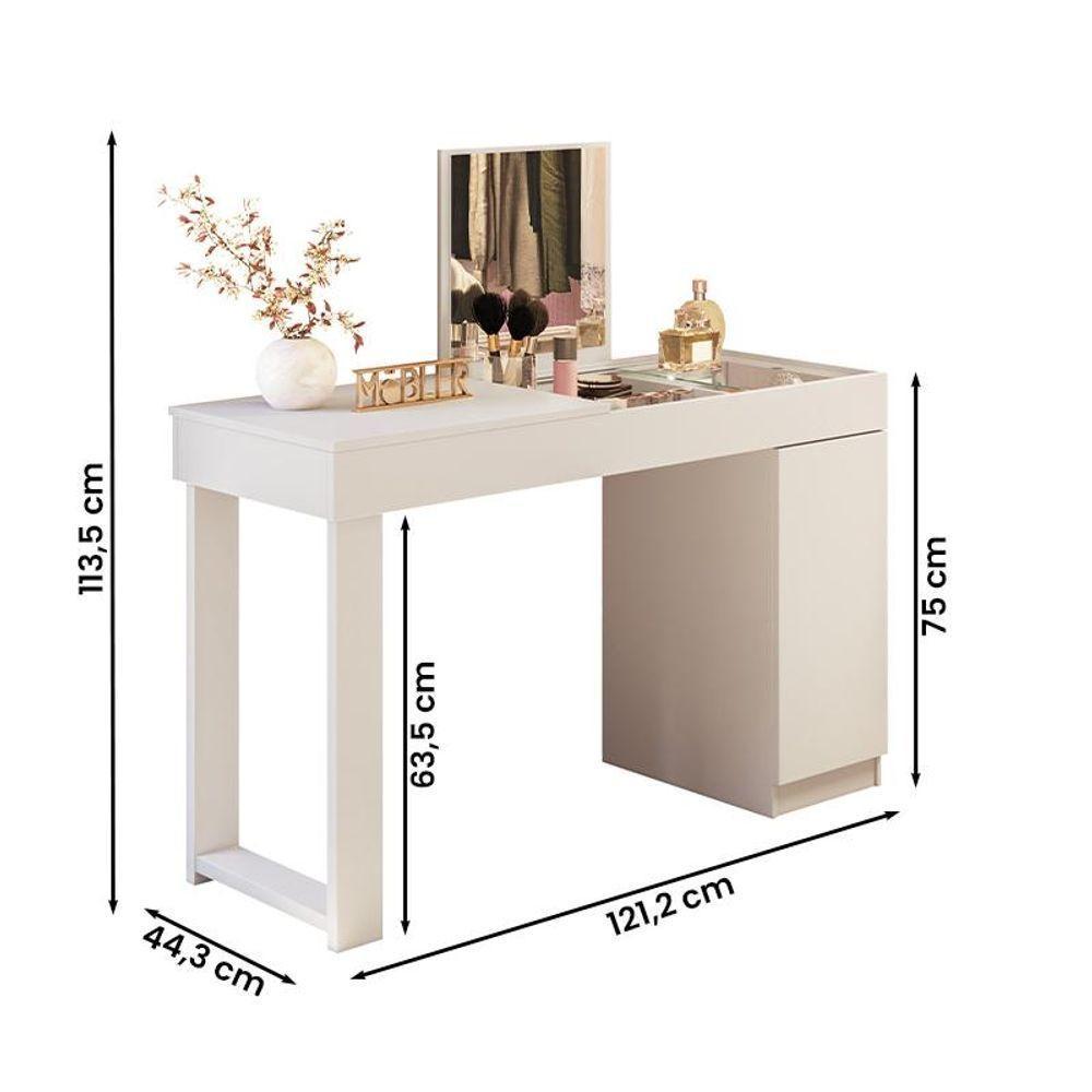 Escrivaninha Penteadeira Love Com 1 Porta E Tampo De Vidro Branco Fosco Branco Fosco - 3