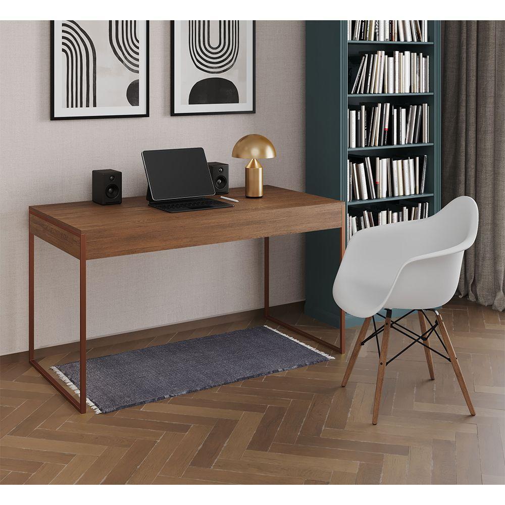 Escrivaninha Home Office Estilo Industrial Amêndoa 137X53Cm Base Cobre Com 1 Poltrona Branca - 1