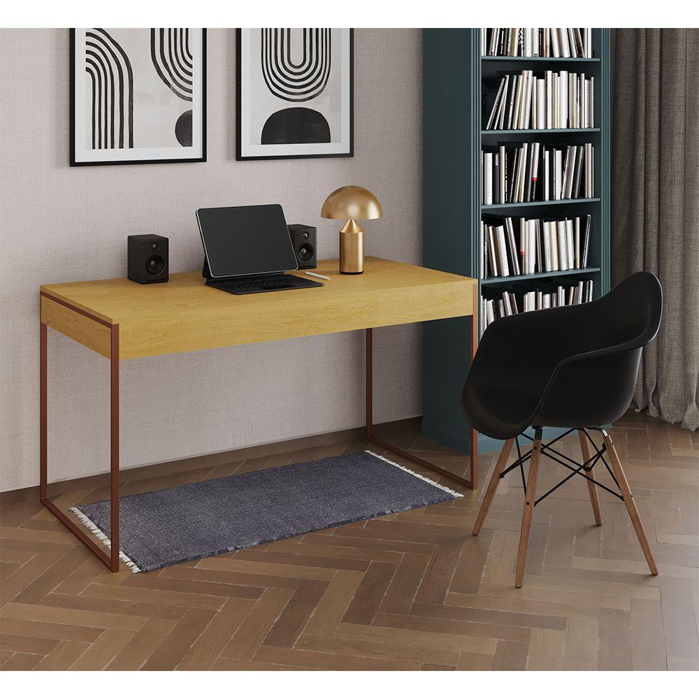 Escrivaninha Home Office Estilo Industrial Canela 137X53Cm Base Cobre Com 1 Poltrona Preta - 1