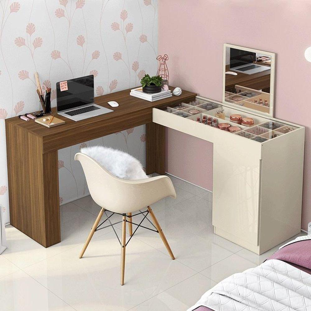 Escrivaninha Canto Penteadeira Star Com Vidros De Correr Freijo/off White Freijo/off White - 3