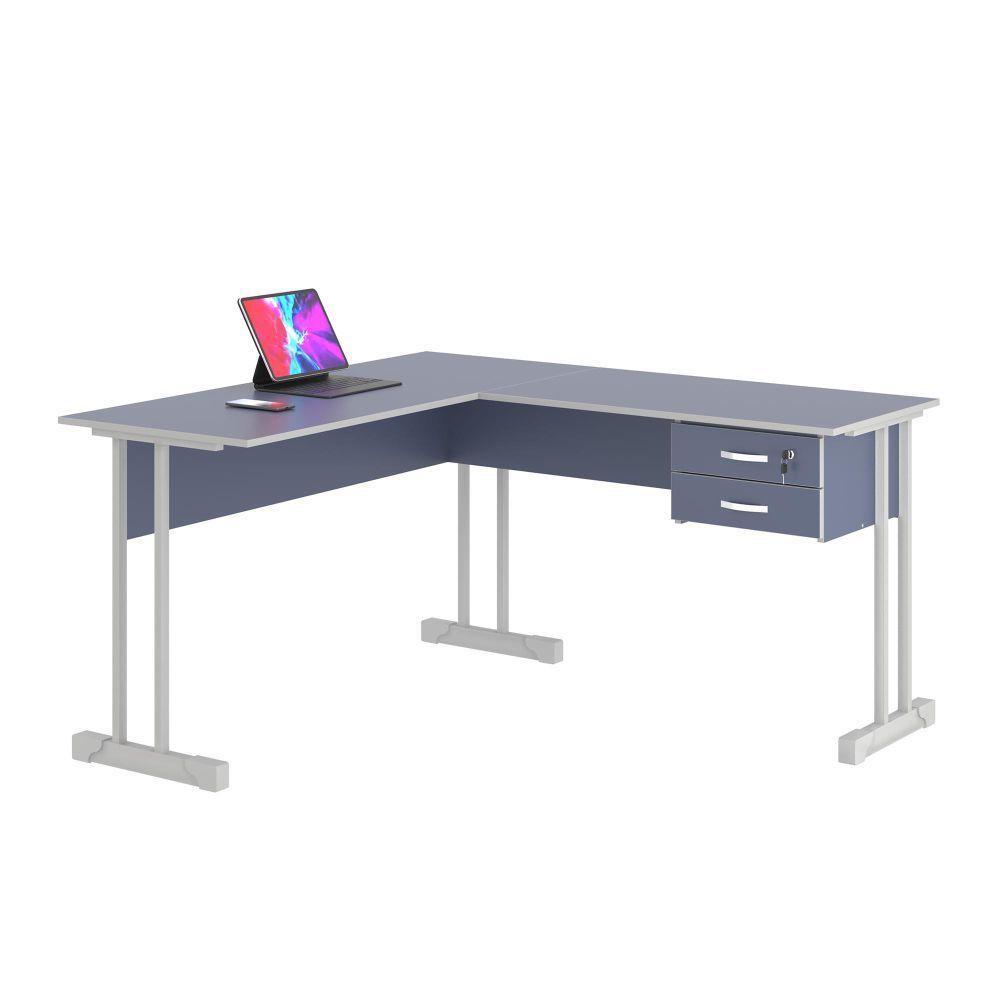 Mesa Em L Com 2 Gavetas Rael Azul - 1