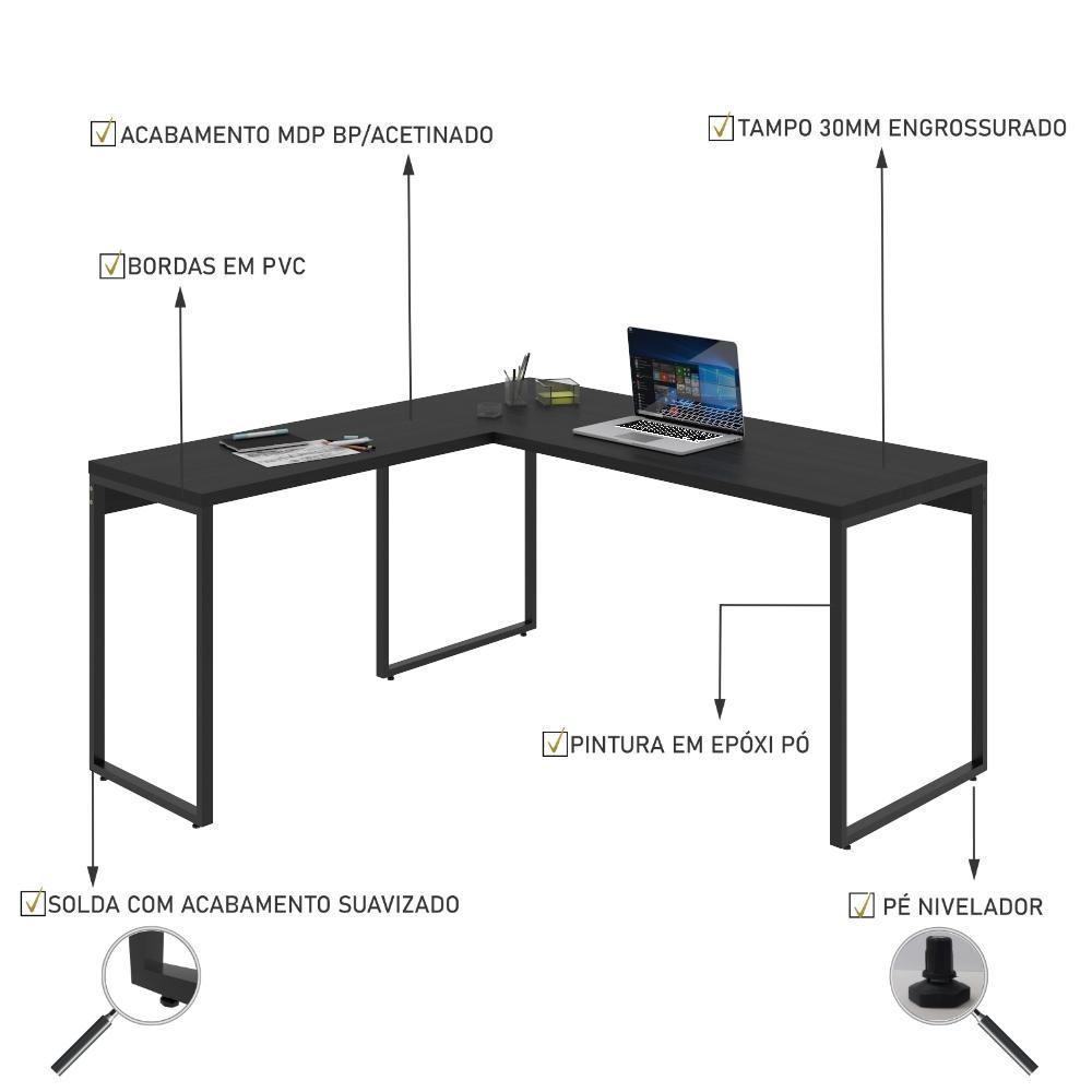Mesa Em L Diretor 150X150X75Cm Preto Ônix Estrutura Preta - 4