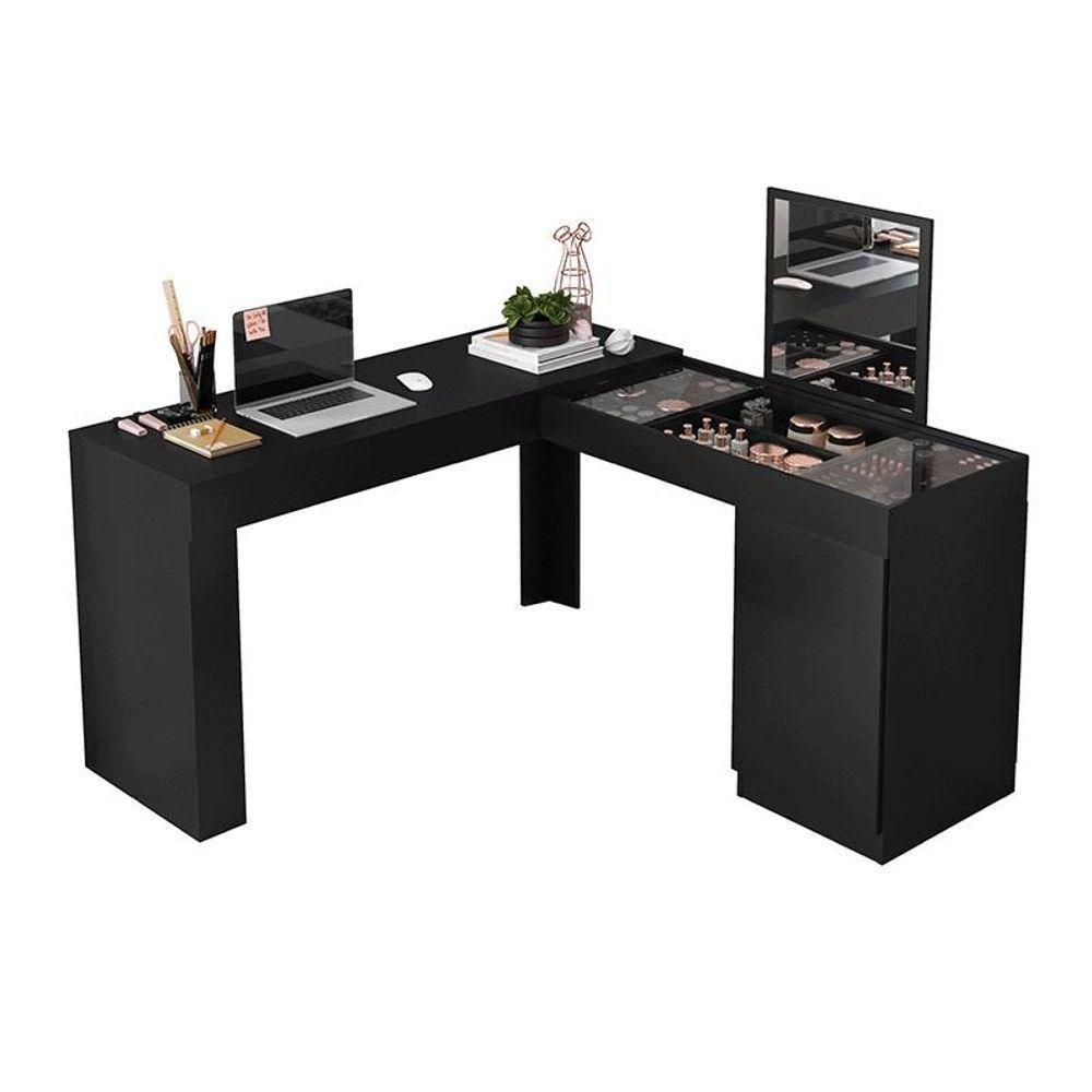 Escrivaninha Canto Penteadeira Star Com Vidros De Correr Preto Fosco Preto Fosco - 1