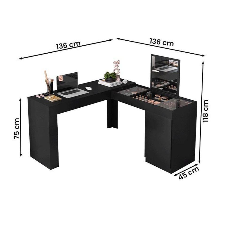 Escrivaninha Canto Penteadeira Star Com Vidros De Correr Preto Fosco Preto Fosco - 2