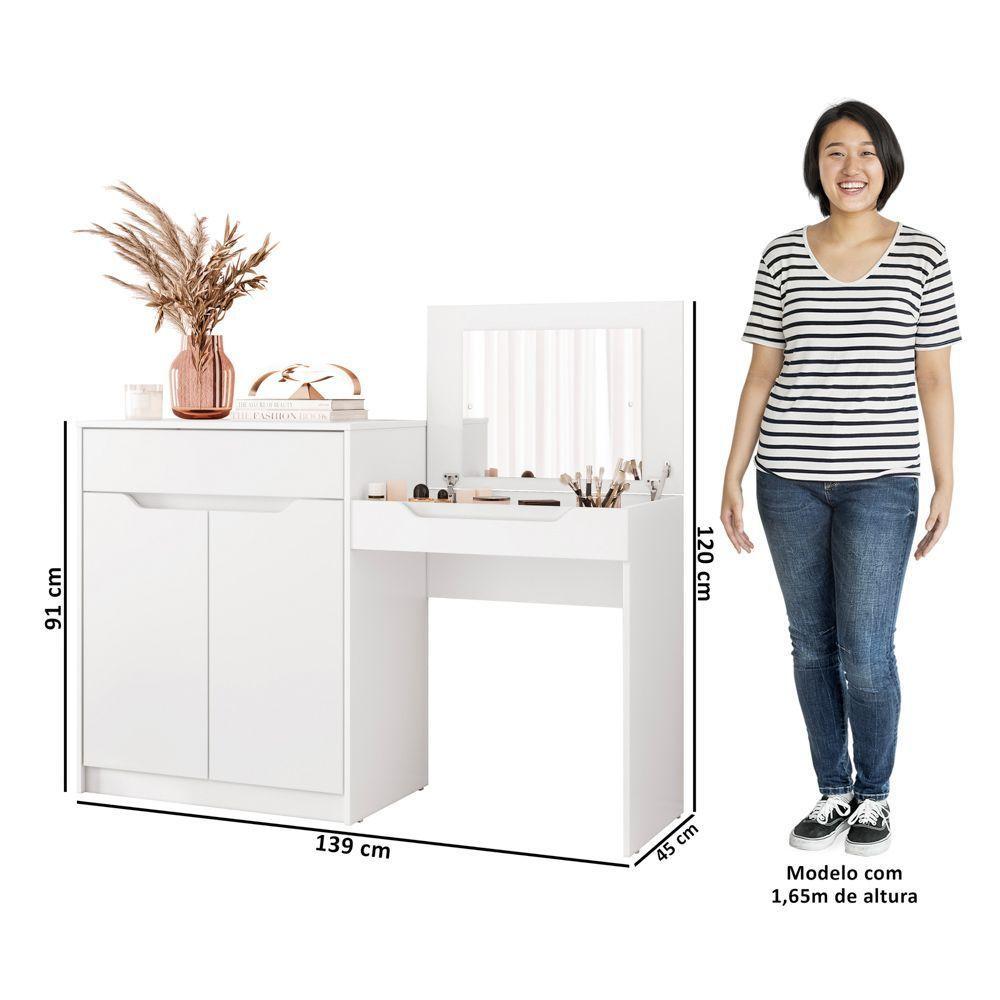 Penteadeira Escrivaninha Com Espelho 2 Portas 1 Gaveta Bent A02 Branco Fosco - Mpozenato - 5