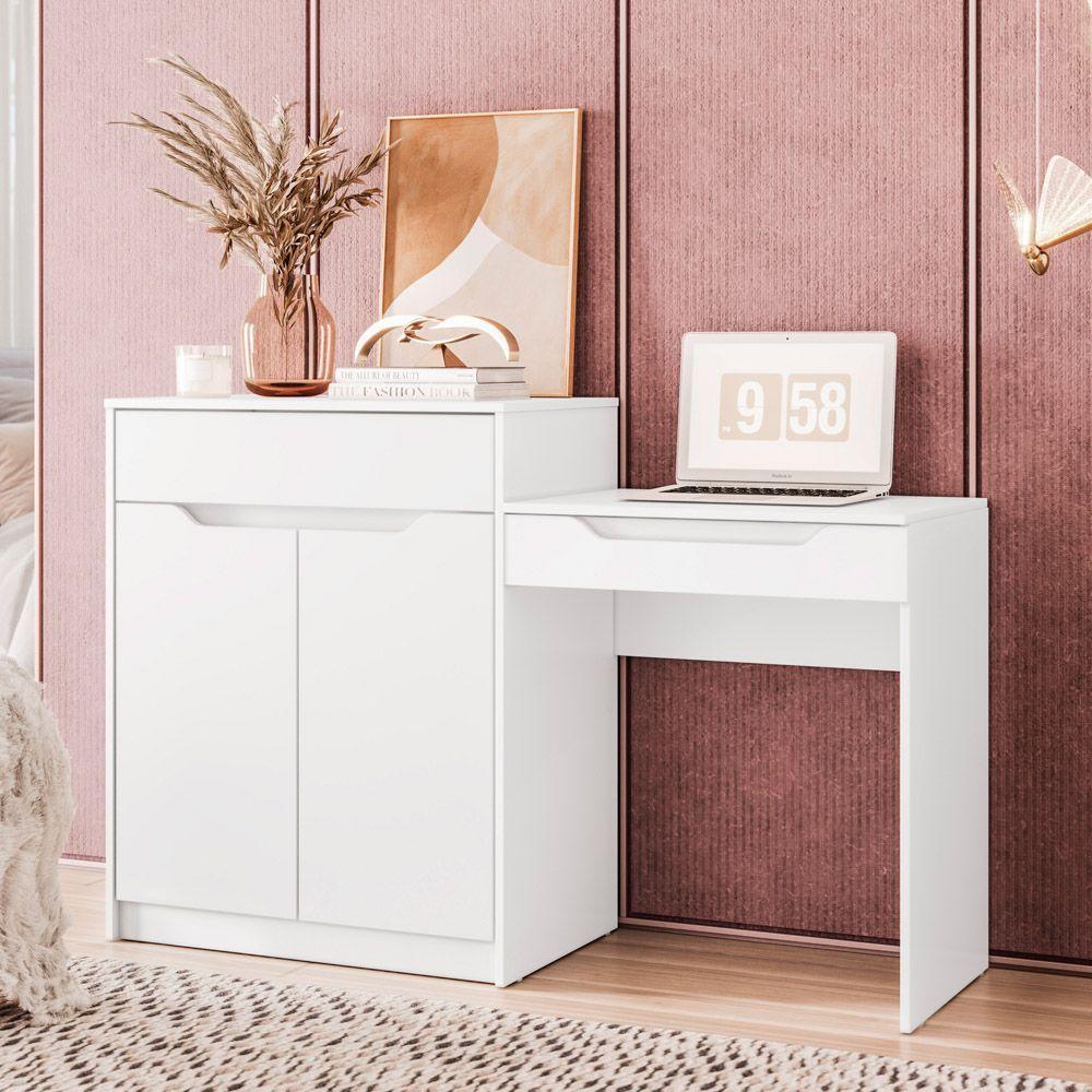 Penteadeira Escrivaninha Com Espelho 2 Portas 1 Gaveta Bent A02 Branco Fosco - Mpozenato - 8