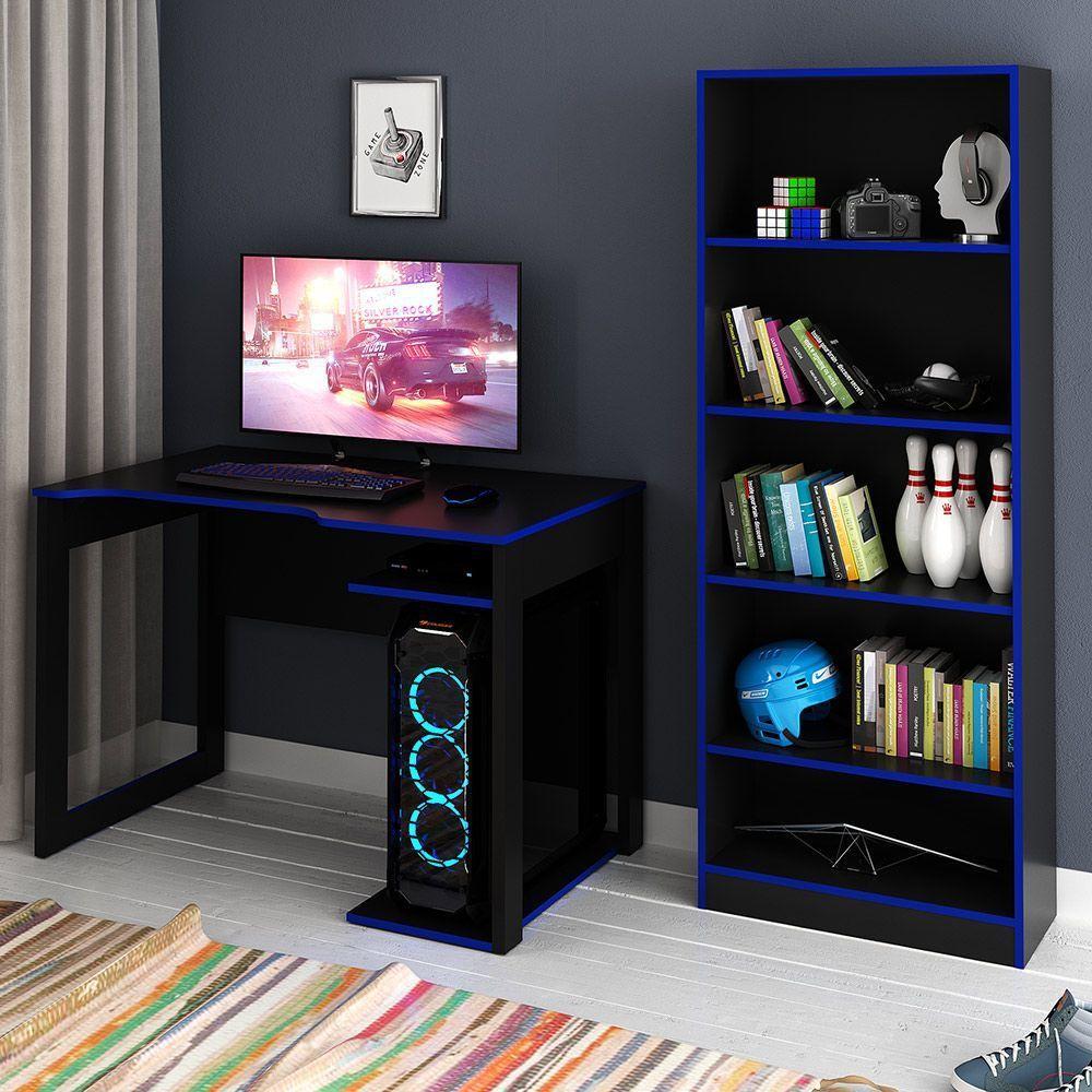 Mesa E Armário Para Escritório Cool Mdp Preto/Azul - 1
