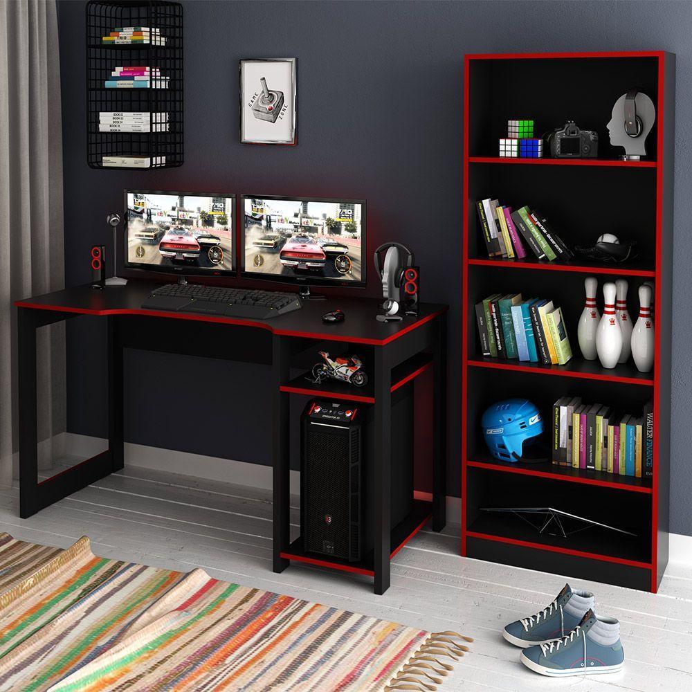 Mesa E Armário Para Escritório Cool Mdp Preto/Vermelho - 1