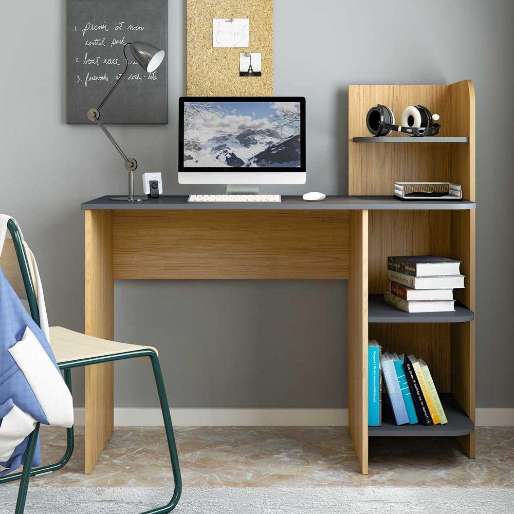 Escrivaninha P/ Notebook Carvalho C/ Grafite C/ 3 Prateleiras - 1