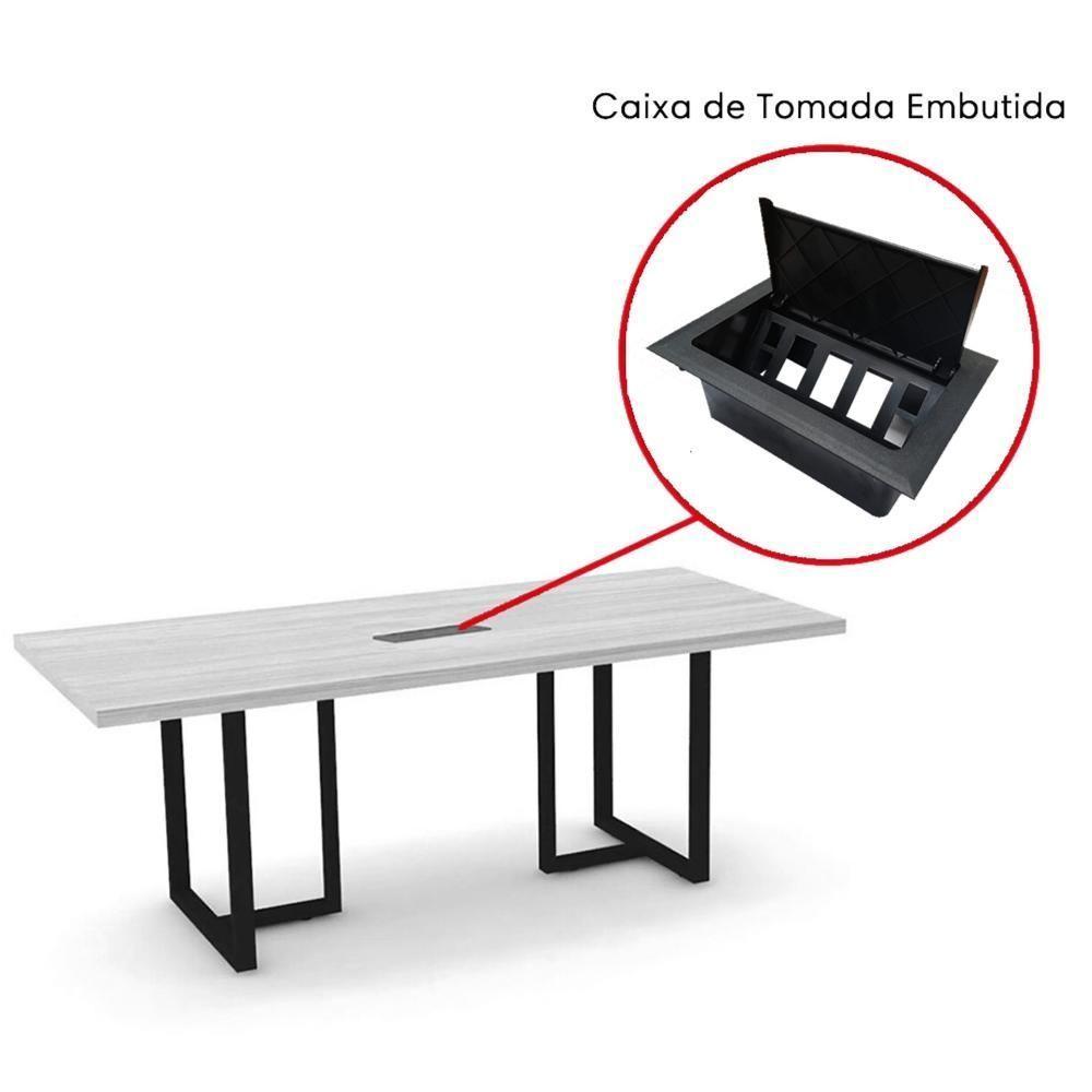 Mesa De Reunião Com Caixa De Tomada Retangular 200 X 90 Cm Pé Tubular Pe25 Em Mdp Cinza Base Preta - 3