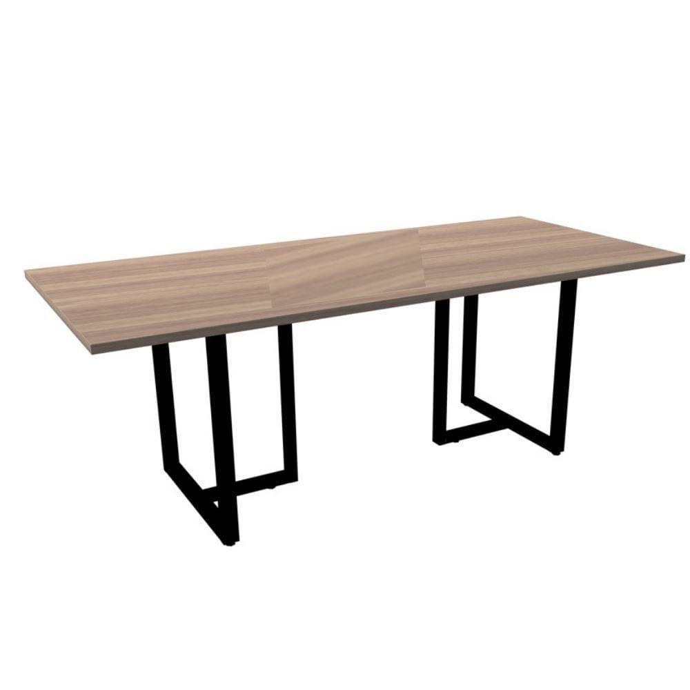 Mesa De Reunião Retangular 200 X 90 Cm Pé Tub Pe25 Em Mdp Noce Naturalle Base Preta - 1
