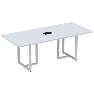 Mesa De Reunião Com Caixa De Tomada Retangular 200X90 Cm Pé Tubular Pe25 Em Mdp Cinza Com Base Cinza