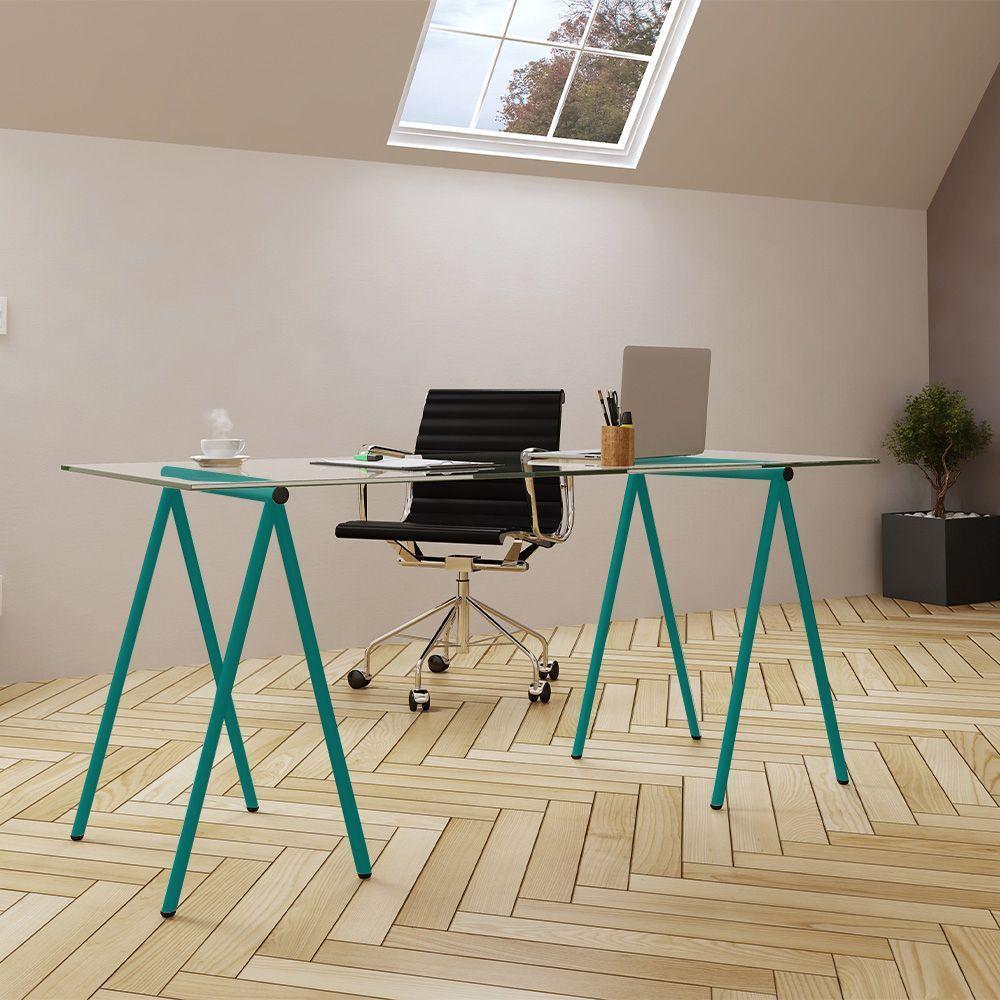 Escrivaninha De Vidro Itaim Cavalete Base Ferro Azul Turquesa - Cor: Branco - 2