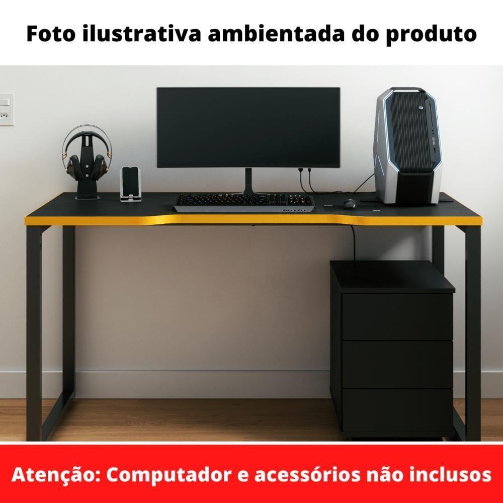 Mesa Gamer Retangular Home Office 134 X 60 Cm Pé Tubular Preto Com Borda Amarela - 2