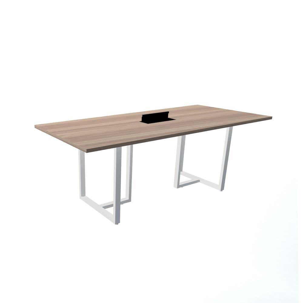 Mesa De Reunião Com Caixa De Tomada 200 X 90 Cm Pé Tubular Pe25 Em Mdp Noce Naturalle Base Branca - 1