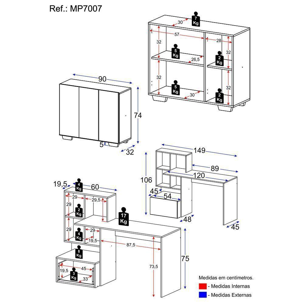 Conjunto Escritório Escrivaninha E Balcão 3 Portas Multimóveis Mp7007 Rustic/branco Rustic/branco - 3