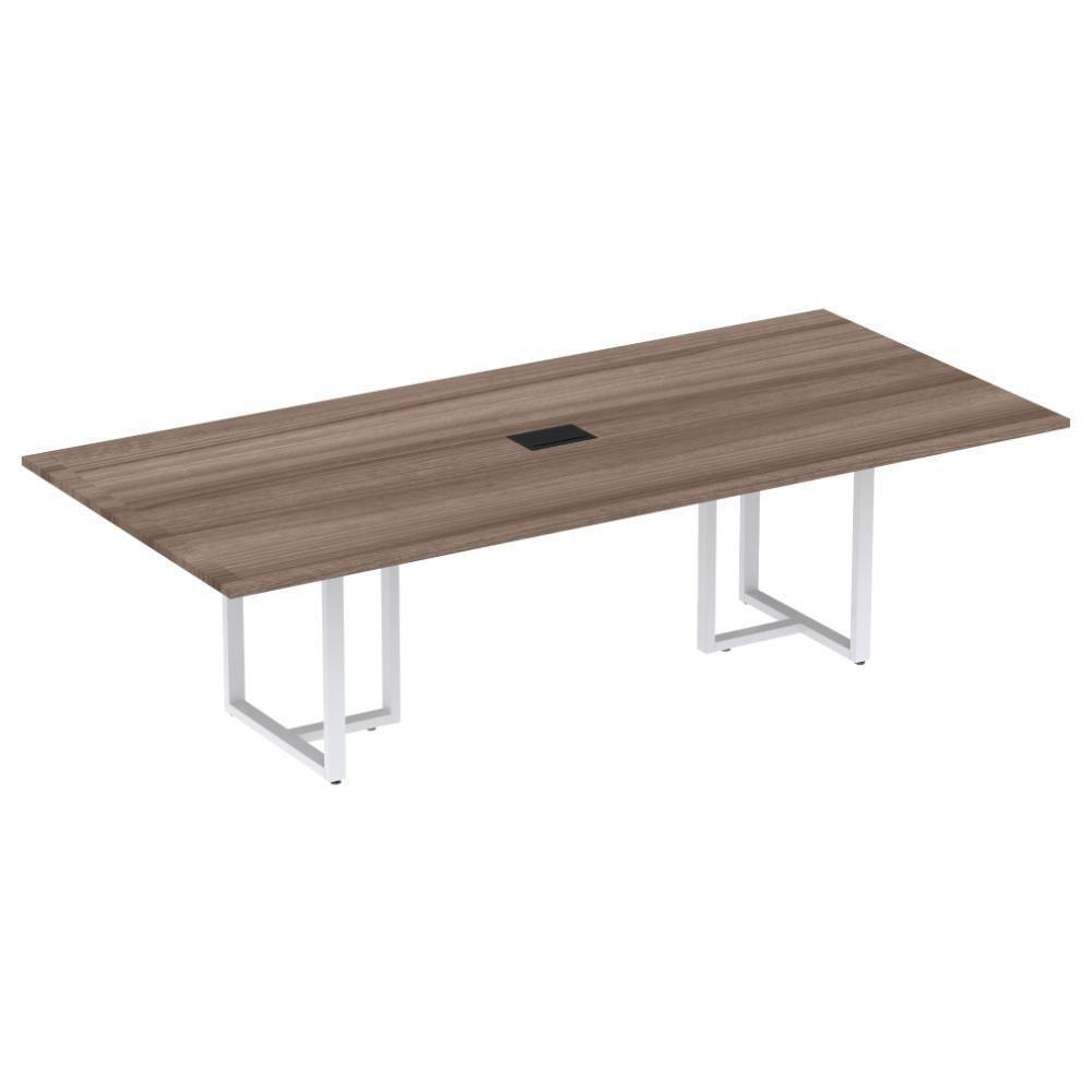 Mesa De Reunião Com Caixa De Tomada Retangular 260 X 120 Cm Pé Tubular Pe25 Mdp Walnut Base Branco - 1