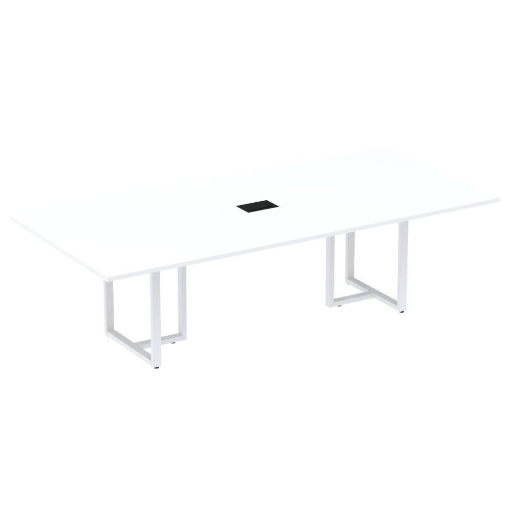 Mesa De Reunião Com Caixa De Tomada Retangular 200 X 90 Cm Pé Tub Pe25 Em Mdp Branco Base Branca - 1
