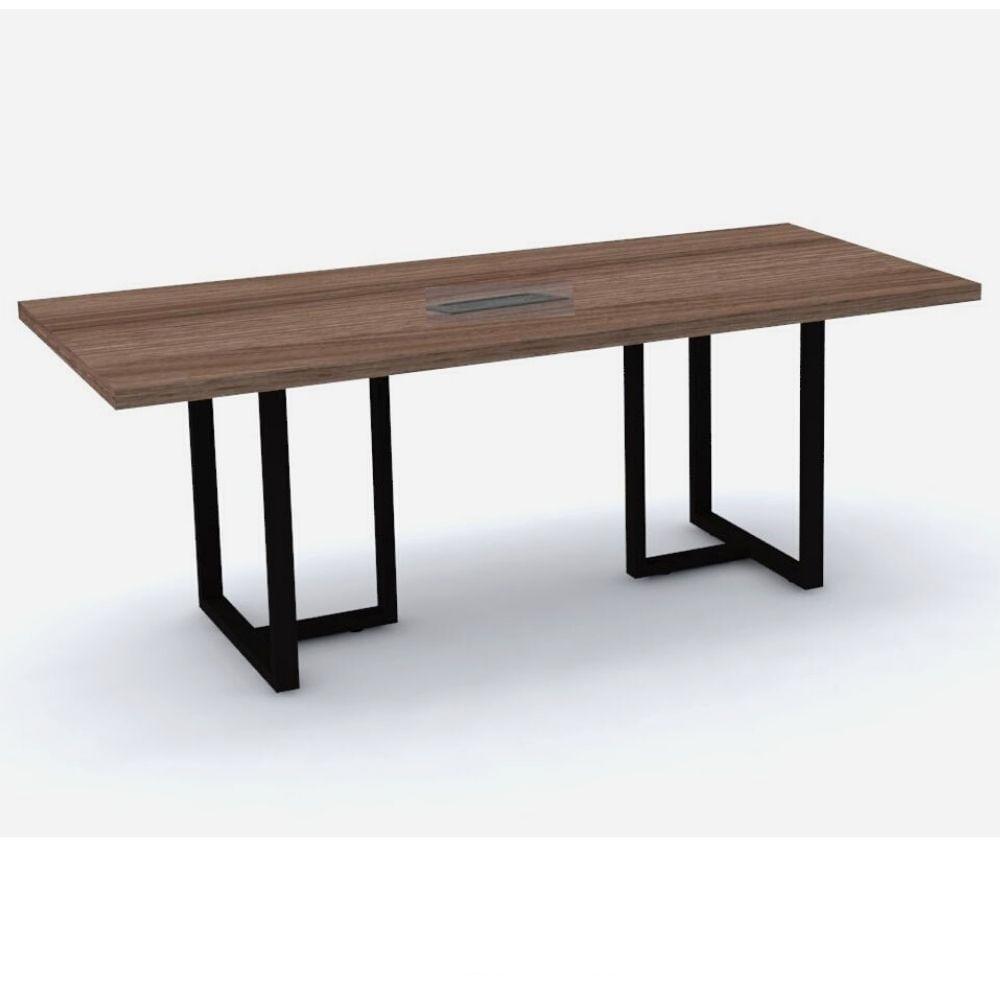 Mesa De Reunião Com Caixa De Tomada Retangular 200 X 90 Cm Pé Tubular Pe40 Em Mdp Walnut Base Preta - 1