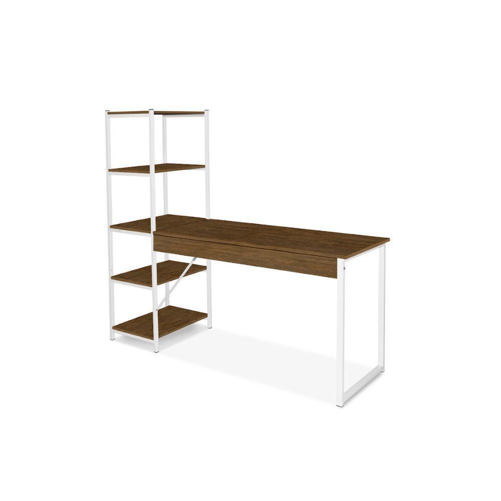 Escrivaninha Com Estante 4 Prateleiras Klm Móveis Amadeirado Com Branco - 1