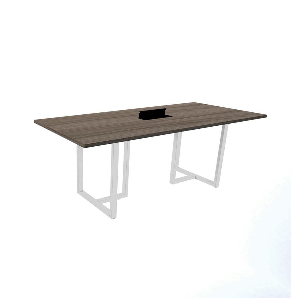 Mesa De Reunião Com Caixa De Tomada Retangular 200X90 Cm Pé Tubular Pe25 Em Mdp Walnut E Base Branca - 1