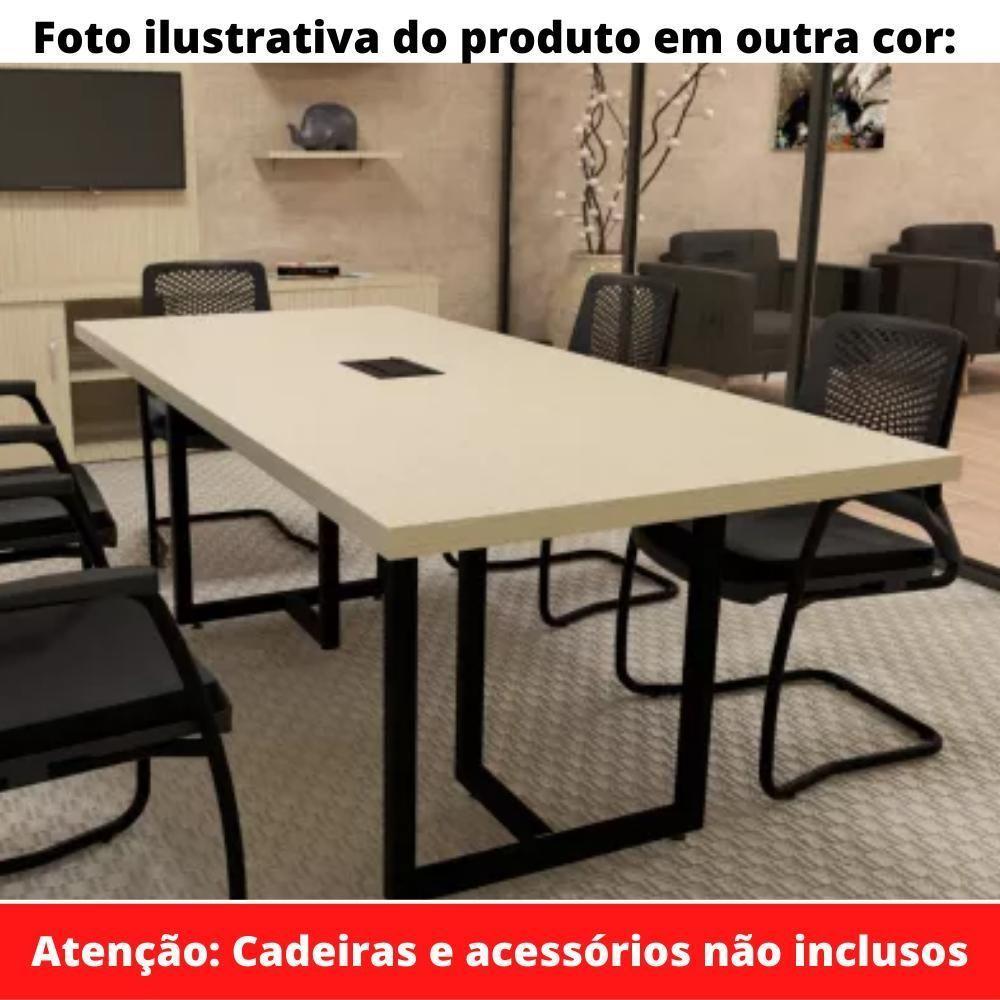 Mesa De Reunião Com Caixa De Tomada Retangular 200X90 Cm Pé Tubular Pe25 Em Mdp Walnut E Base Branca - 3