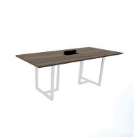 Mesa De Reunião Com Caixa De Tomada Retangular 200X90 Cm Pé Tubular Pe25 Em Mdp Walnut E Base Branca - 1