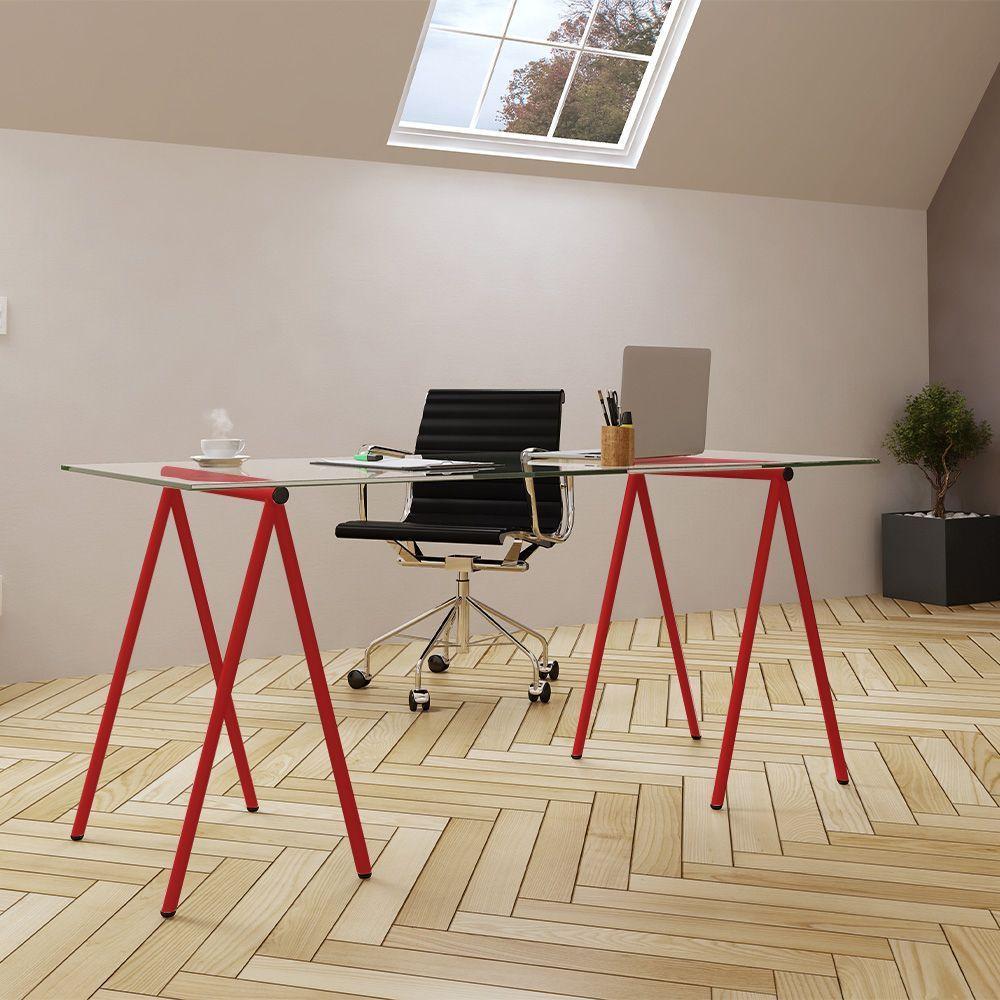 Escrivaninha De Vidro Itaim Cavalete Base Ferro Vermelho - Cor: Branco - 2