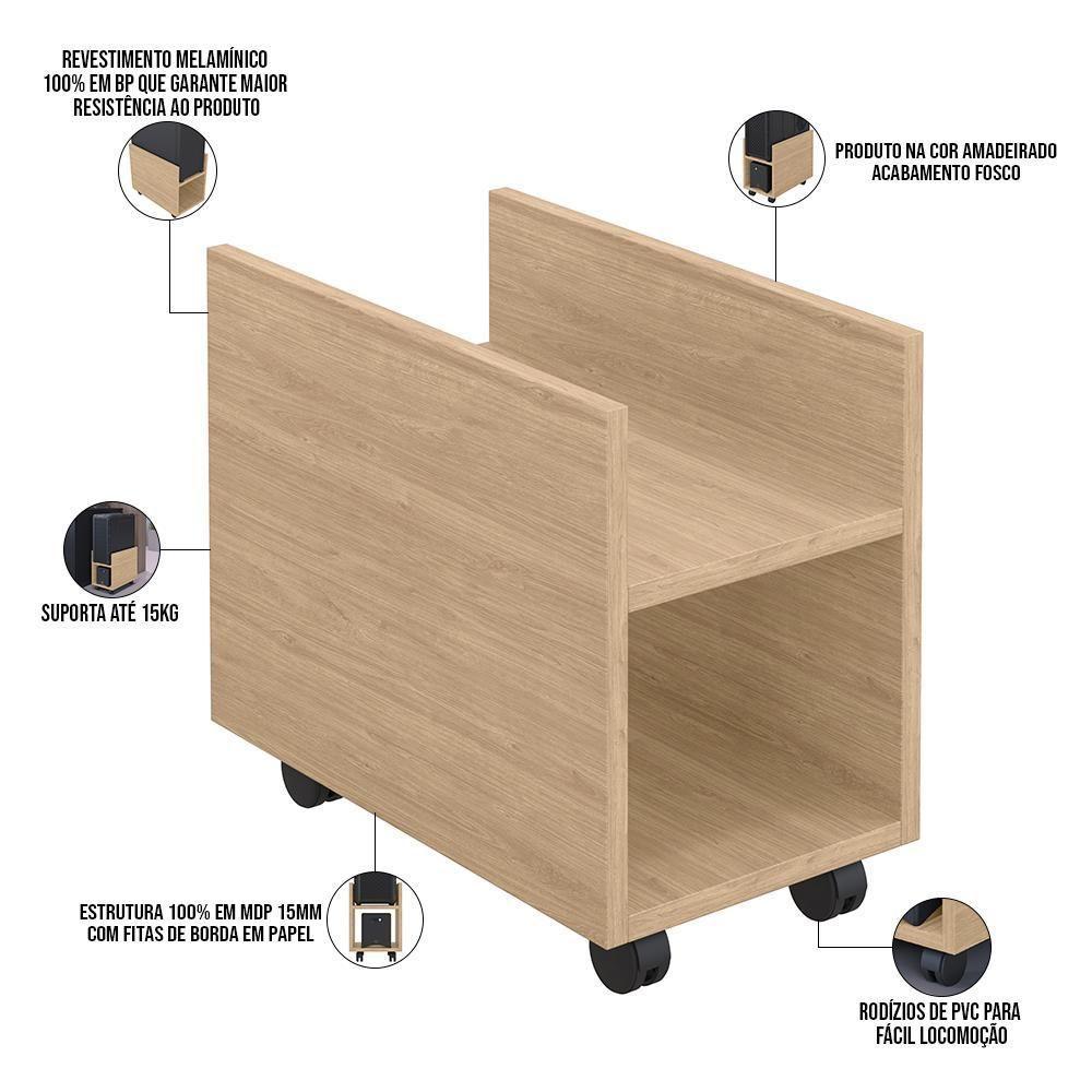Kit 02 Suportes Para Cpu E Nobreak Com Rodízios Guide L03 Amadeirado - 3