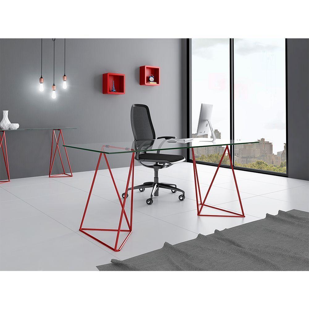 Escrivaninha De Vidro Bela Vista Cavalete Base Ferro Vermelho - Cor: Branco - 2